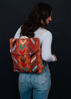 Orange w teal, lilac & cream Aztec backpack Clasp closure on front Adjustable straps & handle 12" x 5" x 13" 100% Cotton Backpack Styling, Painted Backpack, Bag Shapes, Painting Backpack, Pictures Friends, Fancy Hands, Orange Backpacks, Vintage Native American Jewelry, Beach Pictures Friends