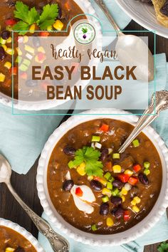 two bowls of easy black bean soup with tortilla chips on the side