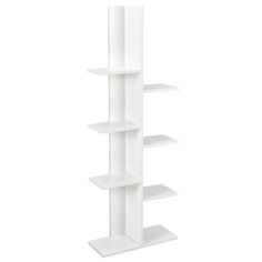 a white book shelf with four shelves on each side and one in the middle, against a white background