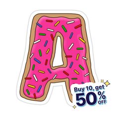 a pink donut shaped sticker with sprinkles