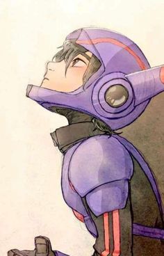 a drawing of a person wearing a purple helmet