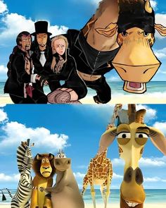 two pictures with cartoon animals and people on the same page, one has an image of a giraffe