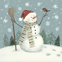 a snowman holding a broom and a bird