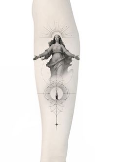 a woman's leg with the image of jesus on it and circles around her