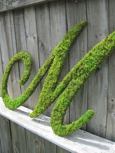 the letters are made out of grass on top of a wooden fence post, and placed in front of a wood fence