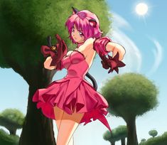 a woman in a pink dress standing next to a tree with her hands on her hips