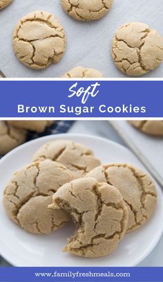 soft and chewy brown sugar cookies on a white plate with blue text overlay