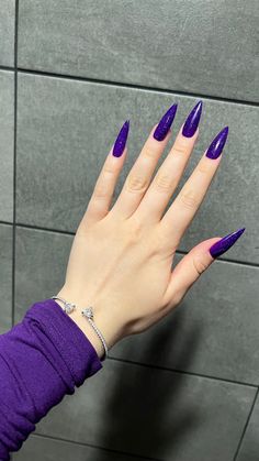 Purple Stiletto Nails, Mlbb Hero, Dark Purple Nails, Violet Nails, Purple Acrylic Nails, Hello Nails, Glittery Nails, Silver Nails, Dream Nails