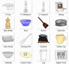 an image of kitchen items that are labeled in english and spanish, as well as pictures