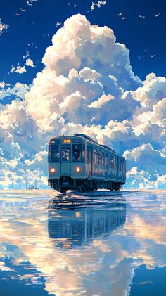 a train is traveling on the tracks through the water and clouds in the sky above