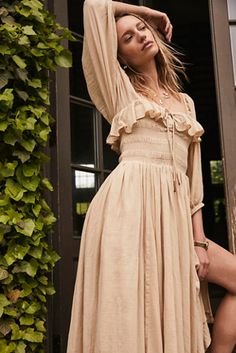 Oasis Midi Dress | Free People Faire Outfit, Volume Sleeves, Outfit 2023, Oasis Dress, Ruffled Neckline, Stretchy Tops, Cotton Midi Dress, Lined Skirt, Mid Length Dresses