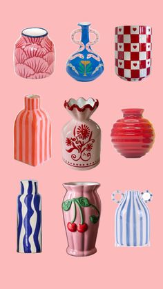 many different vases on a pink background