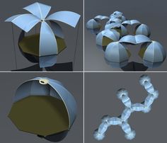 four different views of the same object in three different angles, each with an origami like design