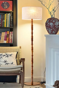 a lamp that is next to a chair and a book shelf in a living room