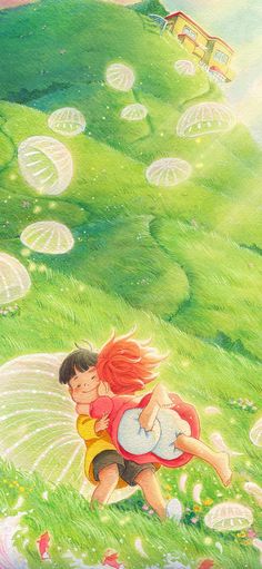 two children are hugging in the grass with jellyfishes floating around them and one child is holding on to his back