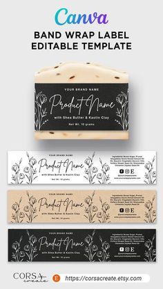 three different types of handmade labels with the words, band wrap label edittableable template