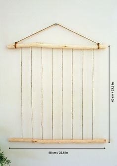 a wooden frame hanging on the wall with ropes attached to it and a potted plant next to it