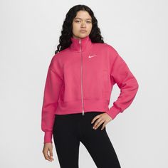 Grounded in style, comfort and versatility, meet our take on luxury loungewear. Made with midweight brushed fleece, this slightly cropped, oversized track jacket helps you step out with a laid-back look. The 2-way zipper gives you styling options. Mix and match within your wardrobe or wear it as part of a matching set. Nike Pink Jacket, Nike Pink Windbreaker For Winter, Trendy Pink Long Sleeve Track Jacket, Nike Pink Sweatshirt For Streetwear, Nike Pink Sports Outerwear, Nike Set, Loungewear Luxury, Nike Sweatshirts, Pink Nikes