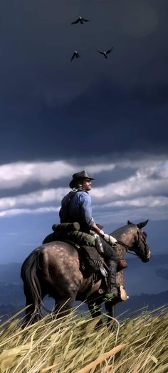 a man riding on the back of a brown horse through tall grass under a cloudy sky