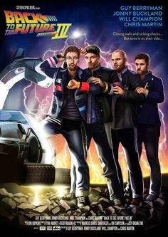 the back to the future movie poster with three men standing in front of a car