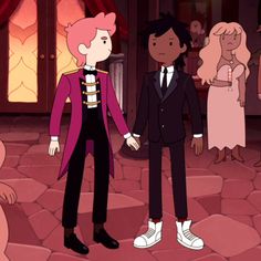 an animated image of two people dressed in formal clothing and one is holding hands with another person