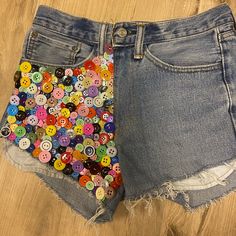 Brand New Super Cool Jeans Shorts With Buttons Embroidered New Without Tags! Never Worn! Embroidered Mid-rise Summer Pants, Embroidered Mid-rise Pants For Summer, Summer Short Pants With Button Closure, Summer Short Bottoms With Buttons, Fun Spring Bottoms With Pockets, Fun High Waist Spring Bottoms, Fun High-waist Spring Bottoms, Jean Shorts With Buttons For Summer, Casual Multicolor Bottoms With Button Closure