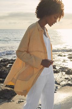 Yarn-dyed linen in Honey. Poetry Fashion, Batwing Shirt, Personal Improvement, Dyed Linen, Tapered Trousers, Bold Stripes, Fine Linen, Buckle Sandals, Linen Textile