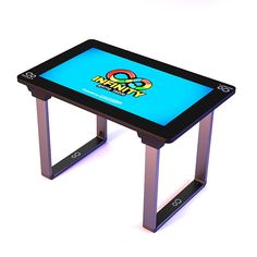 a small table with a video game logo on the top and an electronic tablet underneath it