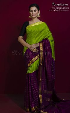 Designer Mysore Crepe Pure Silk Saree in Sheen Green, Purple and Gold Blouse Stitching, New Launch