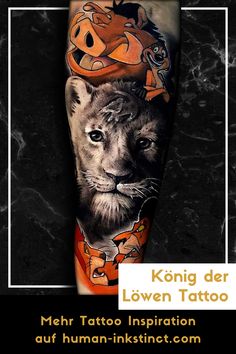 a lion tattoo on the leg with an orange ribbon around its neck and head is shown