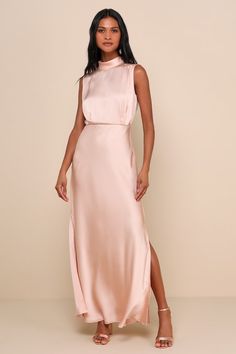 Blush Long Dress, Satin Bridesmaid Dresses Pink, Classic Wedding Guest Outfit, Mauve Wedding Guest Dress, Blush Maid Of Honor Dress, Blush Pink Satin Bridesmaid Dresses, Light Pink Wedding Guest Dress, Lulus Wedding Guest Dress, Elegant Blush Cocktail Dress