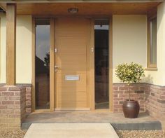 an entrance to a house with a potted plant in the foreground and two doors on either side