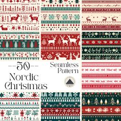 the 50 nordic christmas patterns in red, white and green are featured on this page