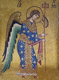 an angel with wings holding a staff in his right hand and writing on the left