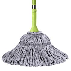 a green and white mop on a white background