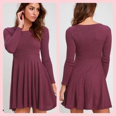 Brand: Lulus Fit & Fair Mauve Purple Ribbed Knit Long Sleeve Skater Dress Size: Womens Small Condition: Brand New With Tags Details: The Lulus Fit And Fair Mauve Purple Ribbed Knit Long Sleeve Skater Dress Will Have You Looking Cute As A Button! This Casual-Meets-Cute Ribbed Knit Dress Boasts Charming Details Like A High Rounded Neckline And A Flattering Cinched And Elasticized Waist. Long Sleeves Frame The Flared Skater Skirt Fabric: Rayon, Poly, Spandex Quick Measures (Flat Lay, Unstretched) B Flared Skater Skirt, Long Sleeve Skater Dress, Skirt Fabric, Cute As A Button, Mauve Purple, Ribbed Knit Dress, Knit Long Sleeve, Rounded Neckline, Skater Dress