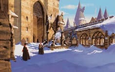 a painting of people standing in front of a castle with lots of snow on the ground