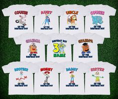 children's personalized t - shirts with cartoon characters are displayed on the grass