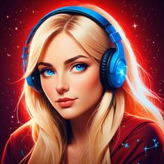 a woman with headphones on her face and stars in the sky behind her is looking at the camera