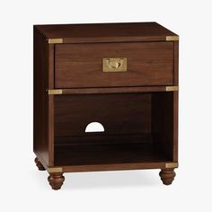 a wooden night stand with two drawers on one side and an open drawer on the other