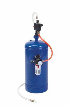 a blue propane tank with an orange hose connected to it and a pressure gauge on the side