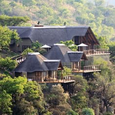 the lodge is surrounded by trees and has thatched roof on it's sides