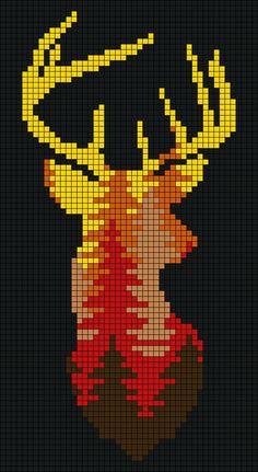 a pixellated image of a deer with antlers on it's head, in red and yellow