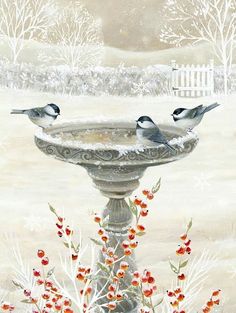 two birds sitting on the edge of a birdbath with flowers in front of it