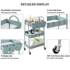 three tiered utility cart with wheels and storage compartments for books, magazines or other items