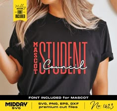 a woman wearing a black t - shirt with the words student council printed on it