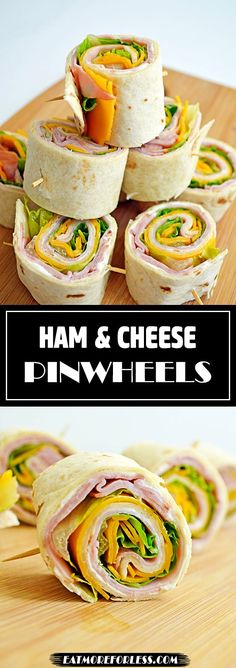 ham and cheese pinwheels on a cutting board with text overlay that reads ham and cheese pinwheels