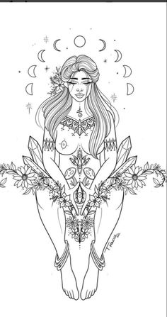 a drawing of a woman with long hair and flowers on her chest, sitting in front of the moon