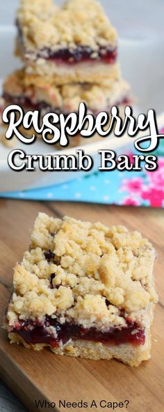 raspberry crumb bars on a cutting board with the title in the middle