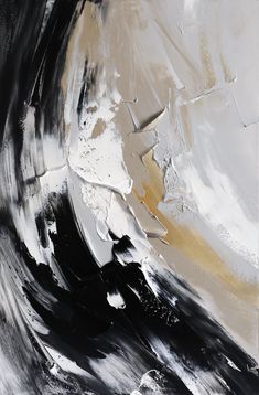 an abstract painting with black, white and gold colors